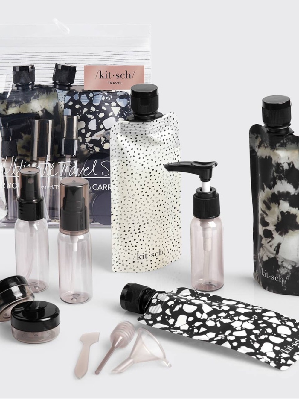 NWT Kitsch Refillable Ultimate Travel 11pc Set - Black & Ivory